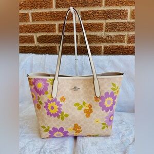 Coach Beige Floral Canvas Tote with Purple and Yellow Flowers